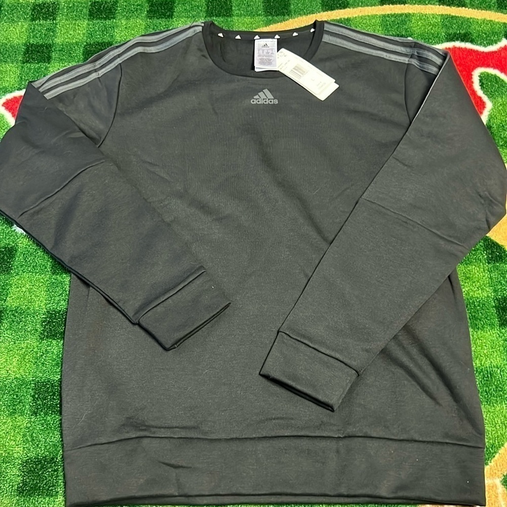 Adidas Men’s Sz L Black Sweatshirt Pullover Fleece Lined w/ Gray Stripes NWOT